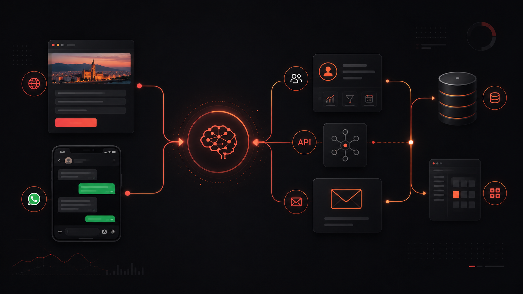 Flujo de automatización empresarial con inteligencia artificial, WhatsApp, CRM, APIs y base de datos
