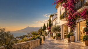 Ilustración de una calle mediterránea con fachadas blancas y buganvillas inspirada en Marbella